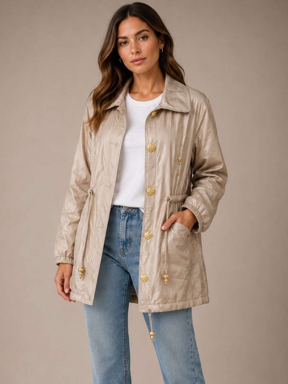 NWT Atlantic Beach 100% Silk Champagne Drawstring Coat Gold Buttons 1X